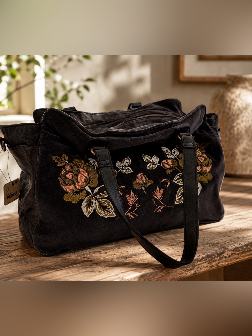 Free People Black Tote/ weekender bag with Pink and Gold Floral Embroidery